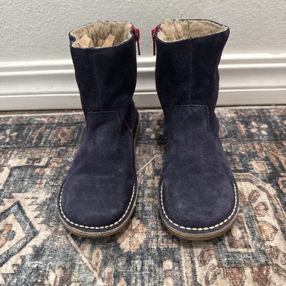 Mini Boden Navy Blue Suede Shearling Lined Ankle Boots with Red Zipper Size 31